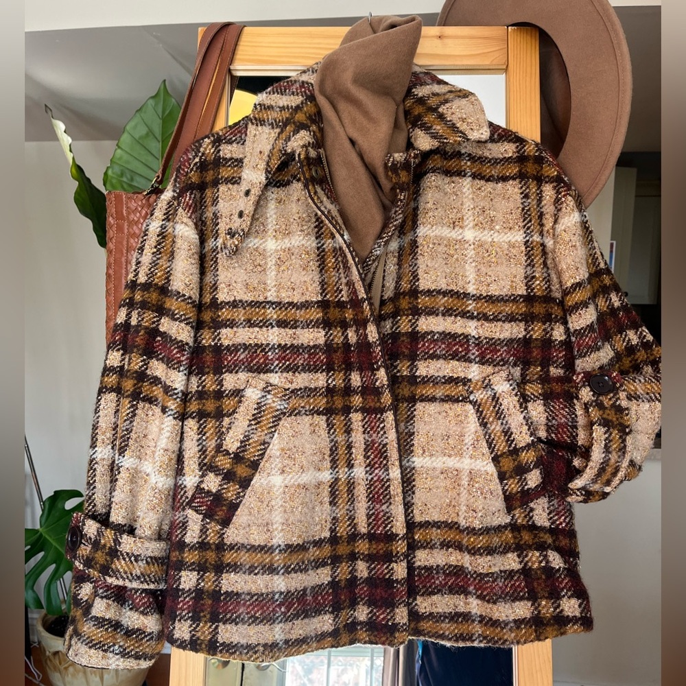Banana Republic Funnel Neck Balcamaan Jacket Neutral plaid. XXS but fits XS/S - Picture 5 of 14